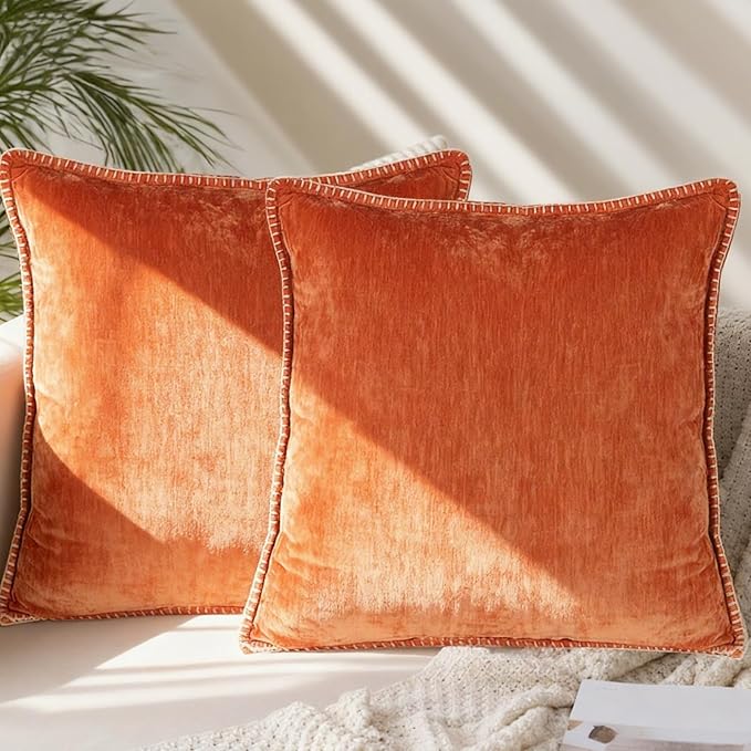 Decorative Throw Pillow Covers Pack of 2, 18x18 In Chenille Soft Pillow Covers with Stitched Edge, Farmhouse Neutral Euro Decorative Pillows for Bed Couch Sofa Home Decor Living Room, Rust