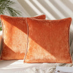 Decorative Throw Pillow Covers Pack of 2, 18x18 In Chenille Soft Pillow Covers with Stitched Edge, Farmhouse Neutral Euro Decorative Pillows for Bed Couch Sofa Home Decor Living Room, Rust