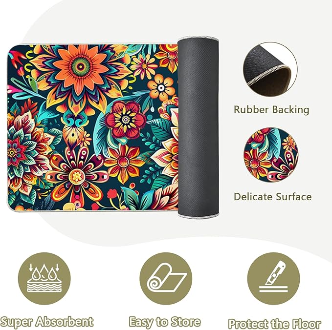Flower Rugs for Kitchen Floor, 2PCS Anti Fatigue BohoFloral Kitchen Rugs Mats for Floor Rubber Non Slip, Washable Cushioned Colorful Flower Carpet Rug for Sink Laundry 15.7"×27.5" +15.7"×47" 3.5mm