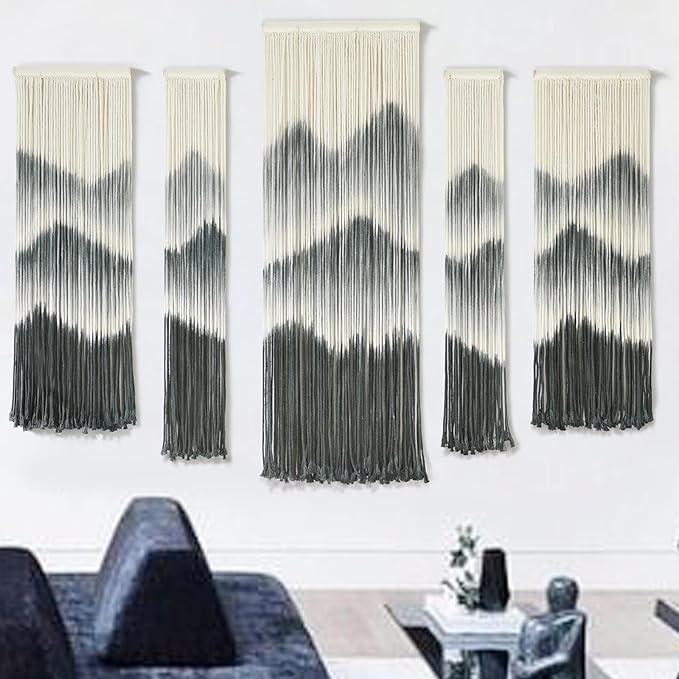 Large Macrame Wall Hanging 5Pcs Handmade Dip-Dyed Mountain Wall Decor Combination Suspension Bedroom Living Room Modern Fiber Yarn Wall Art