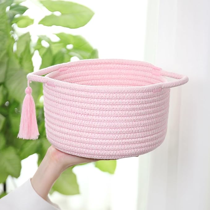 Small Cute Pink Gift Basket Empty to Fill — Mini Wicker Woven Cotton Rope Organizer 8"×4.7", Pastel Decorative Makeup Holder for Girls & Women, Bathroom, valentines/Desk Bin, Shower Gift by SweetMemo