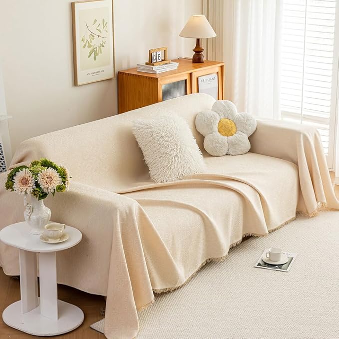 ROOMLIFE Boho Beige Couch Cover for Dogs, Washable Non Slip Furniture Protector Couch Sofa Covers for 3 Cushion Couch, Soft Breathable Sofa Slipcovers Couch Cover Throw Blanket with Tassels71''X134''