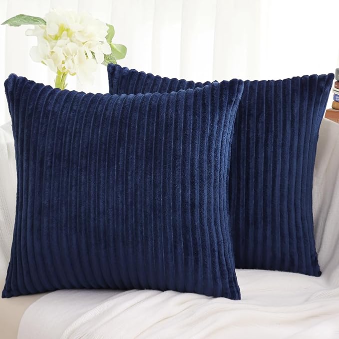 Simmore Decorative Spring Throw Pillow Covers 20x20 Set of 2, Soft Natural Plush Flannel Double-Sided Fluffy Couch Pillow Covers for Sofa Living Room, Navy Blue