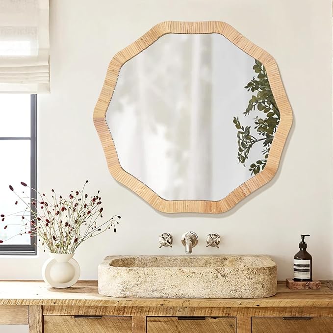 ULIKE Rattan Wicker Mirror for Bathroom, 30 Inch Boho Woven Decorative for Wall, Rustic Farmhouse Vanity Mirror, Large Geometric Rattan Mirrors for Living Room Entryway Bathroom Bedroom