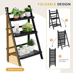 39.4" Foldable Plant Shelf Ladder Shelf, 3 Tier Bamboo Ladder Flower Pot Display Shelf, Freestanding Ladder Bookshelf for Garden, Balcony, Yard, Living Room, 23.6" W x 15" D x 39.4" H, Black