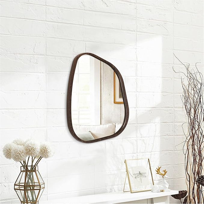 Asymmetrical Wall Mirror Irregular Wood Frame Modern Unique Wall-Mounted Artistic Wavy Mirror Decor Bathroom Vanity Bedroom Living Room Entryway Hallway 14"x10"