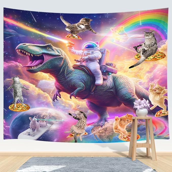 Viajar Funny Cat Tapestry, Cool Kittens Starry Sky Nebula Galaxy Tapestry Milky Way Space Psychedelic Hippie Tapestry Wall Hanging Home Decor Dorm Livingroom Bedroom Wall Blanket, 71x60 Inches