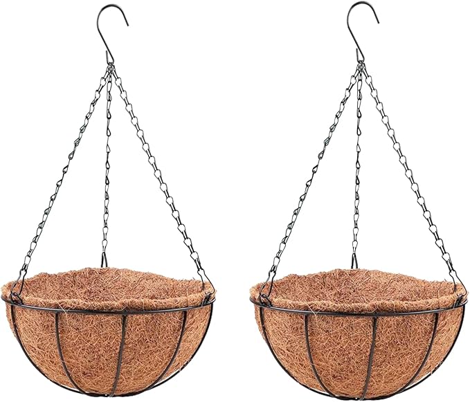 LaLaGreen Hanging Baskets for Plant Outdoor (2 Pack, 16 Inch) Extra Large Black Metal Wire Hanging Planter with Coco Liner Round Flower Pot Holder Hanger Deck Porch Modern Garden Balcony Country Decor
