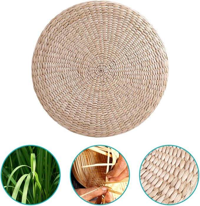 Ejoyous Tatami Seat Cushion, 15.75 x 2.36in Handmade Woven Straw Pouf Floor Seat Cushion Japanese Futon Round Knitted Meditation Pillow Cushion for Home Outdoor Decorative Seat