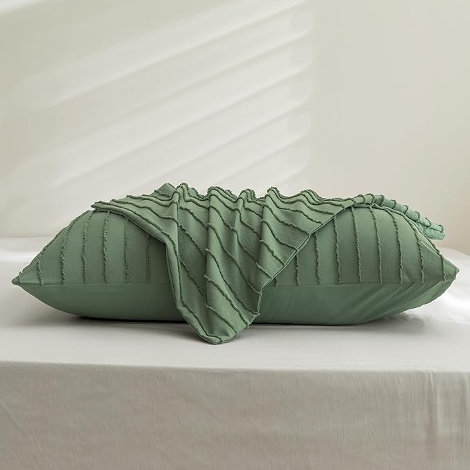 JELLYMONI Pillowcases King Size Green 2 Pack Boho Striped Bed Pillow Covers 20x36in Polyester Envelope Pillow Shams Tufted Bohemian Textured (Pillows are not Included)