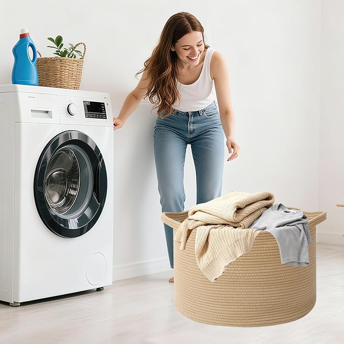 90L Large Blanket Basket,21.7"L x 21.7"W x 13.8"H Rope Woven Baskets with Handles, Toys Storage Bins,Laundry Basket Perfect for Living Room, Nursery,Bedroom,Home Organization,Camel