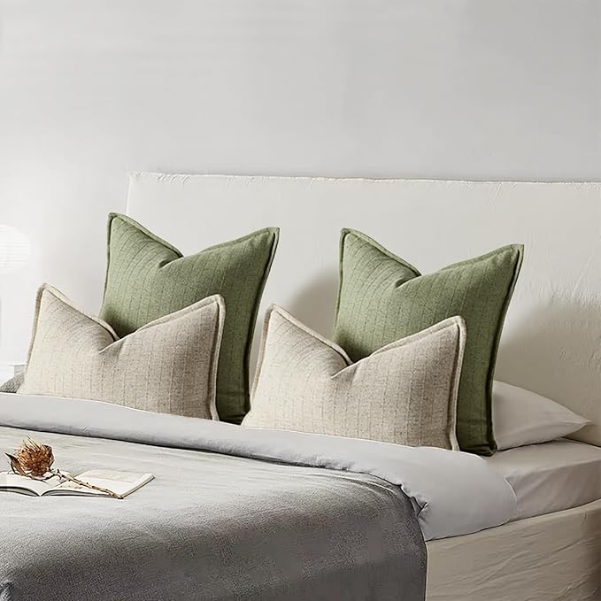 20x20 Linen Pillow Covers Sage Green Pack of 2 Farmhouse Boho Neutral Accents Striped Textured Square Decorative Throw Pillow Cases for Living Room Couch Bed Home Decor