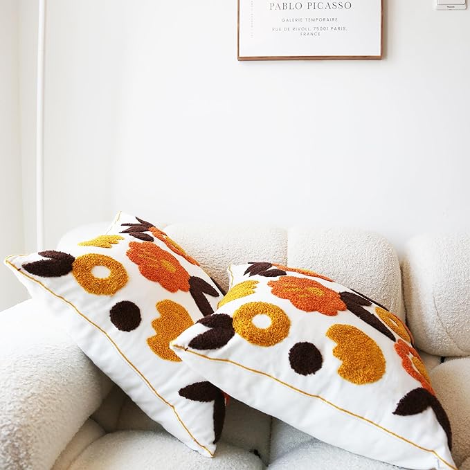 Embroidered Throw Pillow Cover Boho Floral Pillow Covers for Couch Sofa Orange Yellow Cotton Linen Bohemian Pillow Covers 3D Big Flowers 2PCS Botanical Pillowcase Covers 18x18 Inch