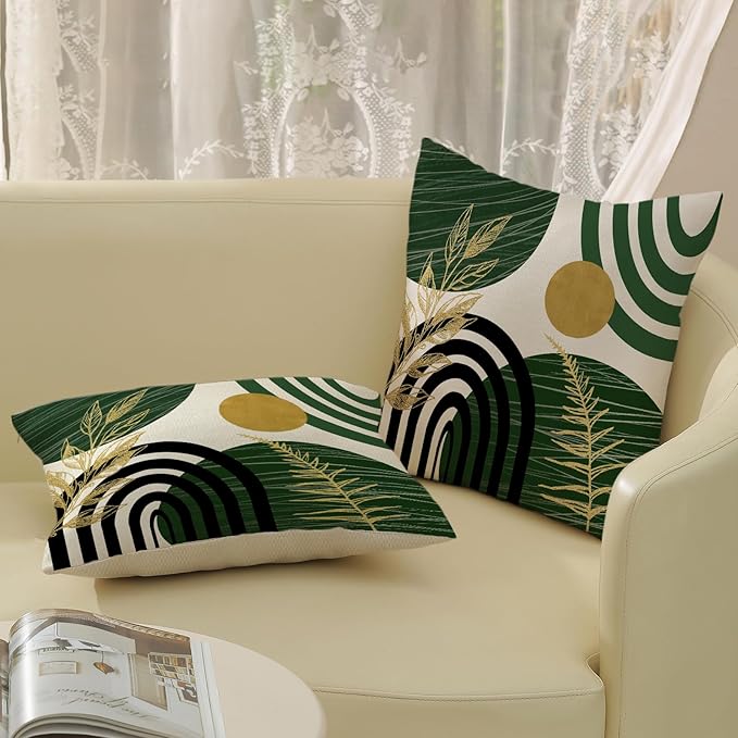 Boho Green Pillow Covers 18x18 Set of 2 Green Gold Leaf Tropical Decor Mid Century Throw Pillows Outdoor Bohemian Decorative Pillowcase Farmhouse Abstract Modern Cushion Case for Couch Sofa