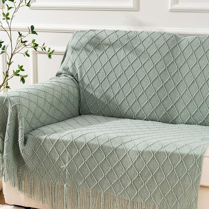 BATTILO HOME Sage Green Throw Blanket for Couch, Boho Bed Throws Blanket, Spring Decorative Light Blue Throw Blanket for Sofa Living Room, 52"x80"
