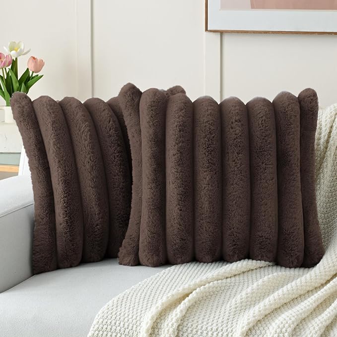 FUTEI Dark Coffee Decorative Throw Pillow Covers 18x18 Inch Set of 2, Square Soft Faux Rabbit Fur Big Striped Cushion Cover,Home Decor for Couch Sofa Bed Living Room