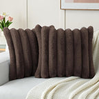 FUTEI Dark Coffee Decorative Throw Pillow Covers 22x22 Inch Set of 2, Square Soft Faux Rabbit Fur Big Striped Cushion Cover,Home Decor for Couch Sofa Bed Living Room