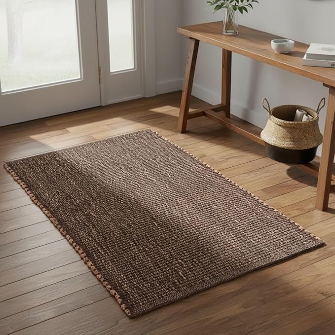 Brown Jute & Cotton Braided Rug Rectangle 2' x 3' – Reversible Soft Accent Rug for Entryway, Kitchen, Bathroom