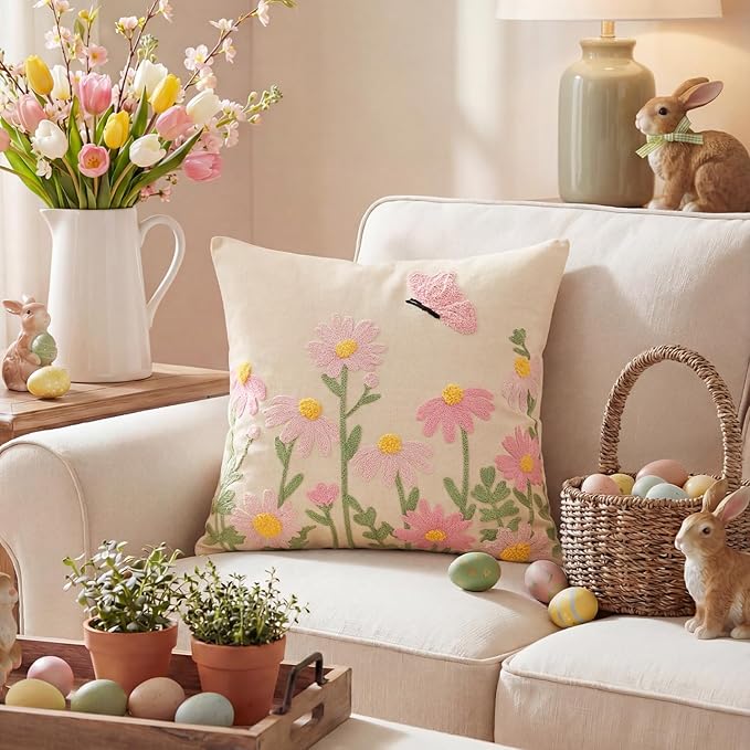 AVOIN colorlife Easter Spring Floral Embroidered Throw Pillow Covers, 18 x 18 Inch Butterfly Flowers Tufted Patterned Linen Decoration Cushion Case for Sofa Couch Set of 2