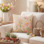 AVOIN colorlife Easter Spring Floral Embroidered Throw Pillow Covers, 18 x 18 Inch Butterfly Flowers Tufted Patterned Linen Decoration Cushion Case for Sofa Couch Set of 2