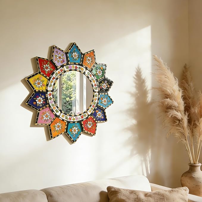 Sunflower Mirror - Vibrant 16-Petal Boho Circle Wall Decor, Small Decorative Floral Mirror Art for Living Room, Wood & Acrylic Mirror（2D Printed）