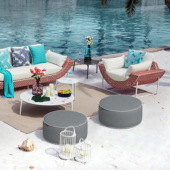 Indoor/Outdoor Inflatable Ottoman D21 x H9 inch, Round Footstool Inflatable Foot Rest Ottoman with Handle, Portable Pouf for Patio, Garden, Camping, Home, Textured Gray