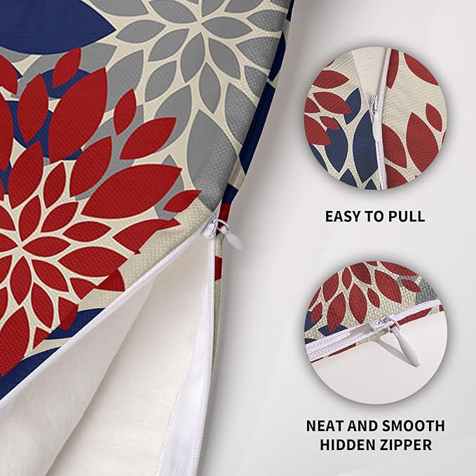 4th of July Pillow Covers 18X18 Inch Set of 2, Patriotic Blue Red Grey Modern Dahlia Floral Print Holiday Decorative Throw Pillow Covers Outdoor Farmhouse Cushion Case for Couch Sofa Bed Decor