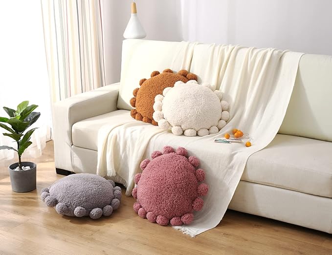 Boho Decorative Throw Pillows Round Floor Cushion with Poms,Cute Floor Seating Plush Pillow for Kids Reading Nook,Home Decor for Chair Sofa Bed Put in Living Room Indoor Outdoor