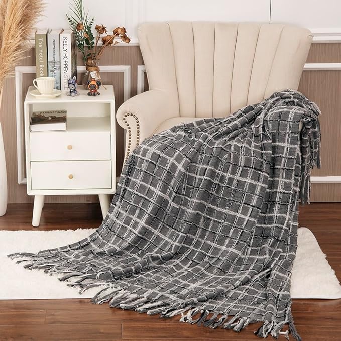 Gealaek Boho Throw Blanket Dark Grey Lightweight Fuzzy Soft Cozy Decorative Blankets for Sofa Bed Farmhouse Throw Blanket Mexcican Blanket with Tassel Black White Charcoal Textured 50" x 60"