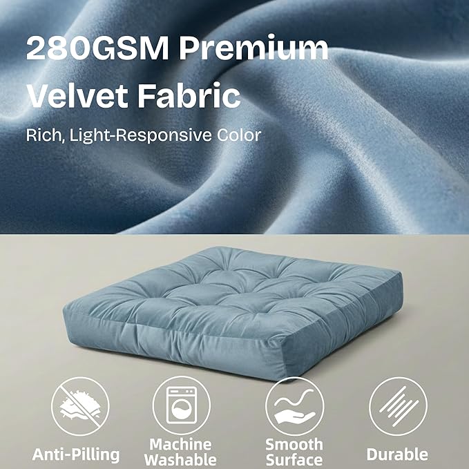 Meditation Floor Pillow Set of 2, Large Velvet Floor Pillows for Sitting, Tufted Floor Seating Cushions for Adults, Big Pillows for Yoga & Living Room, 22x22 Inch, Blue
