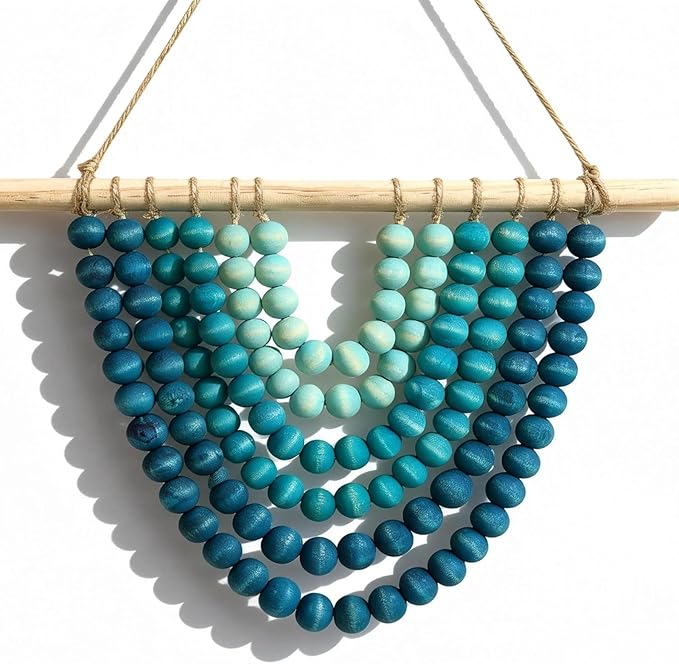 Boho Chic Wooden Bead Garland Wall Hanging Tapestry, Handcrafted Home Décor Inspired by Nature, Suitable for Living Room, Bedroom, Entryway, Nursery, Apartment & Dorm (Coastal Breeze Ombre, 12 inches)