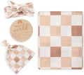 BabyWhale Muslin Swaddle Blanket with Hat and Headband Bow, Checkered Pattern Swaddle Set for Baby Boys ＆ Girls, Unisex Newborn Soft Receiving Swaddle Wrap, 47x47 inches