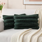 FUTEI Dark Green Decorative Throw Pillow Covers 12x20 Inch Set of 2, Square Soft Faux Rabbit Fur Thick Striped Lumbar Pillow Case,Spring Home Decor for Couch Bed Living Room