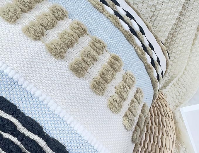 Chenille and Cotton Long Pillow for Bed, Striped Textured Boho Lumbar Throw Pillow Cover 12x36, Neutral Accent Decorative Extra Long Body Pillow Case for Couch, Sofa, Bedroom, Khaki