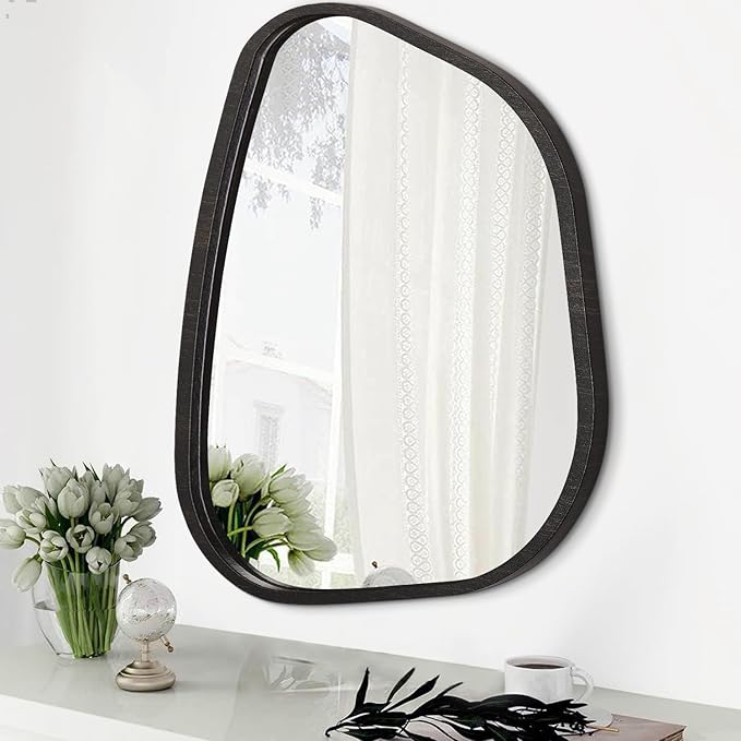 Asymmetrical Mirror Large 20"x16" Irregular Oval Wall Mirror Modern Wood Frame Unique Shape Wall Mounted Vanity Artistic Mirror Decorative for Living Room Bedroom Bathroom Entryway Hallway