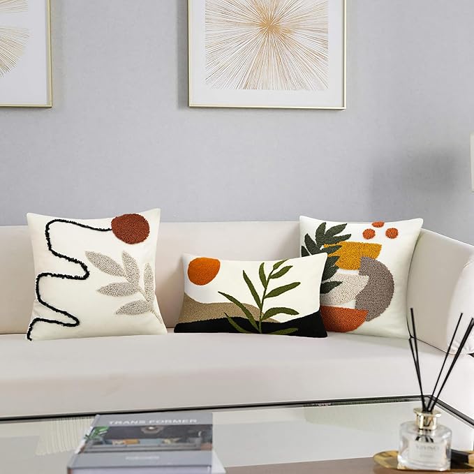 Merrycolor Abstract Boho Pillow Covers Tufted Mid Century Modern Throw Pillows Minimalism Aesthetic Textured Pillow Cover Sun Leaf Boho Pillows Decorative Throw Pillows for Bed Couch Sofa,18x18