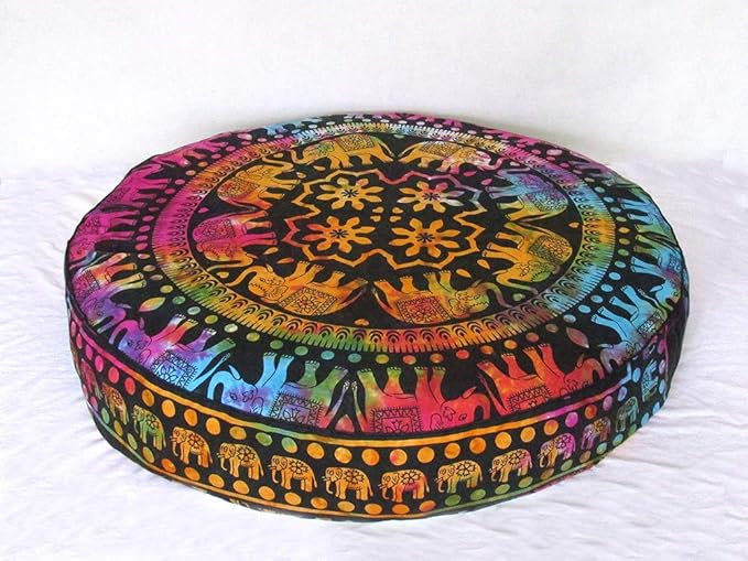ICC Large Hippie Mandala Round Floor Pillow Cover Ottoman Pouf Cover Daybed Oversized Cotton Cushion Cover with Heavy Duty Zipper Seating Ottoman Poufs Dog-Pets Bed (Multi UP Elephant, 35" Round)