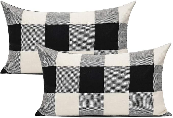 VAKADO 12x20 Set of 2 Black White Outdoor Throw Pillow Covers Buffalo Check Plaids Lumbar Farmhouse Retro Checkers Cotton Linen Cushion Cover Home Decor for Sofa Couch