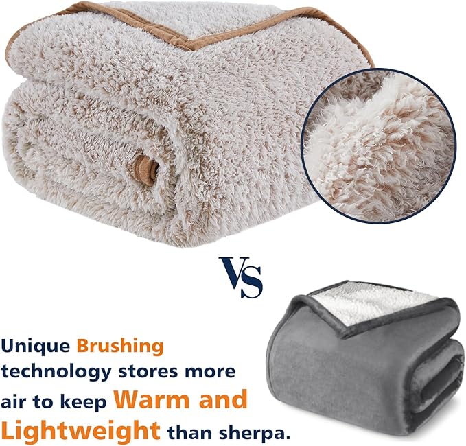 EMME Soft Sherpa Fleece Blanket Reversible Plush Fluffy Large Blanket, Light Weight Warm Decorative Boho Blanket Cover for Sofa, Couch, Bedroom,Travel(Plush Khaki,50"x60")