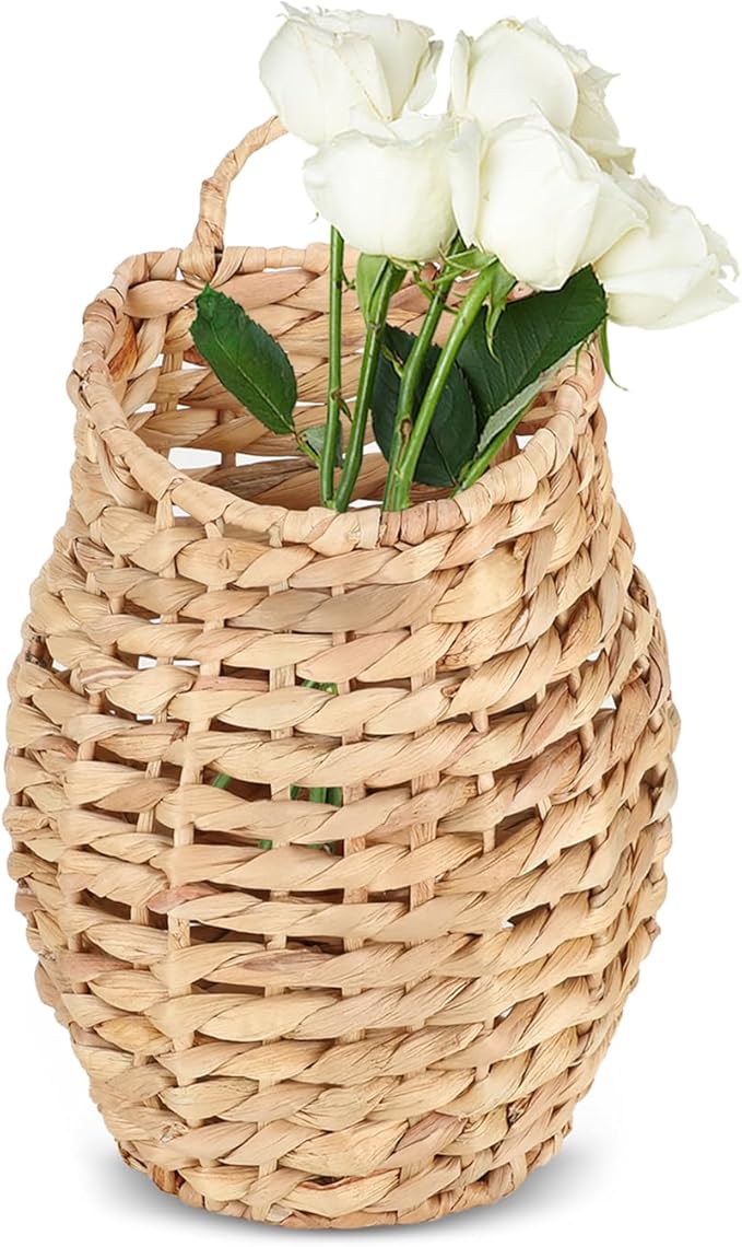 YRMT Water Hyacinth Woven Hanging Basket Wall Hanging Basket Decorative Front Door Basket Decor for Flower Plants Boho 15" x 10"