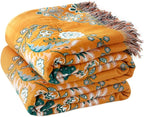Boho Throw Blanket for Bed 100% Cotton Soft Lightweight Quilt Floral Embroidery Home Decor Spring Breathable Bed Blanket,80"x90" All Season Reversible Yellow Blankets for Sofa Couch Chair