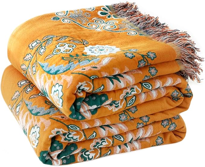 Boho Throw Blanket for Bed 100% Cotton Soft Lightweight Quilt Floral Embroidery Home Decor Spring Breathable Bed Blanket,80"x90" All Season Reversible Yellow Blankets for Sofa Couch Chair