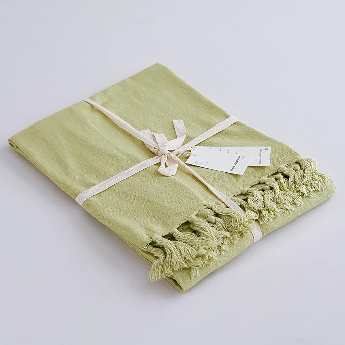 Simple&Opulence Boho Linen Throw Blanket for Bed, Couch, 50”x70” Pre-Washed Fringed Vintage Decorative Woven Blanket with Tassels, Breathable Durable Cozy Farmhouse Decor for All Seasons(Lime Green)
