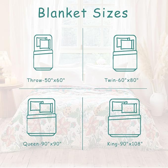 Boho Throw Blanket - 60"x80" 100% Cotton Soft Breathable Lightweight Bed Blanket, Reversible Muslin Spring Blankets Green Floral Farmhouse Decor Rustic Quilt for Bed Couch