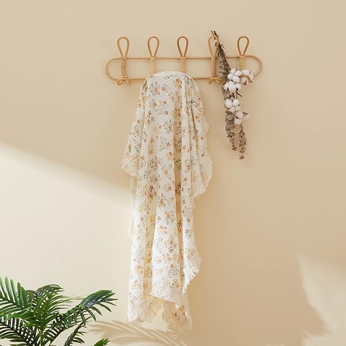 insular Cotton Muslin Baby Blanket with Tassel, Boho Bohemian Muslin Swaddle Blanket Baby Receiving Blanket with Fringe, Nursery Decor Throw or Nursing Blankets, 47" x40”, Flower