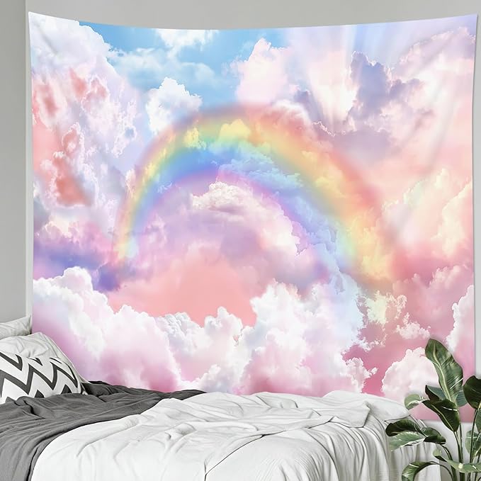 HVEST Rainbow Cloud Tapestry, Polyester Wall Art, Rainbow and Pink Cloud with Glow Sunshine in Pastel Sky, Aesthetic Nature Landscape, Bedroom Living Room Decor, 60x40 Inches