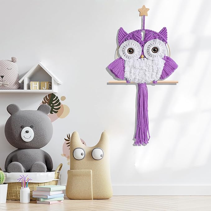 Macrame Owl Wall Hanging Boho Hippy Decor, Handmade Tapestry Fiber Art Wall Decor for Nursery Bedroom Living Room, Sustainable Gift for Owl Lovers & Nature Fans