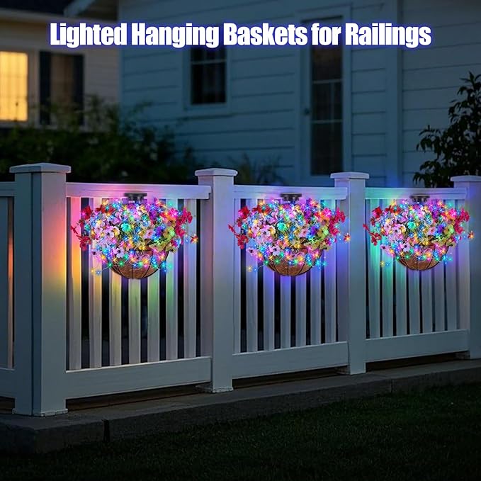 Solar Hanging Basket with Artificial Flowers: Outdoor Fake Flower Baskets with Solar String Lights for Fall Decor - 10 inch Plant Basket with Silk Faux Petunias for Porch Railing Fence Wall Door