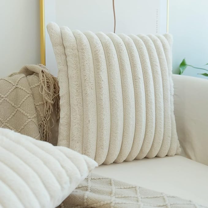 JOJUSIS Pack of 2 Faux Fur Plush Decorative Throw Pillow Covers For Home, Couch Cushion Case Soft Solid Pillowcases (Beige, 20 x 20-Inch)