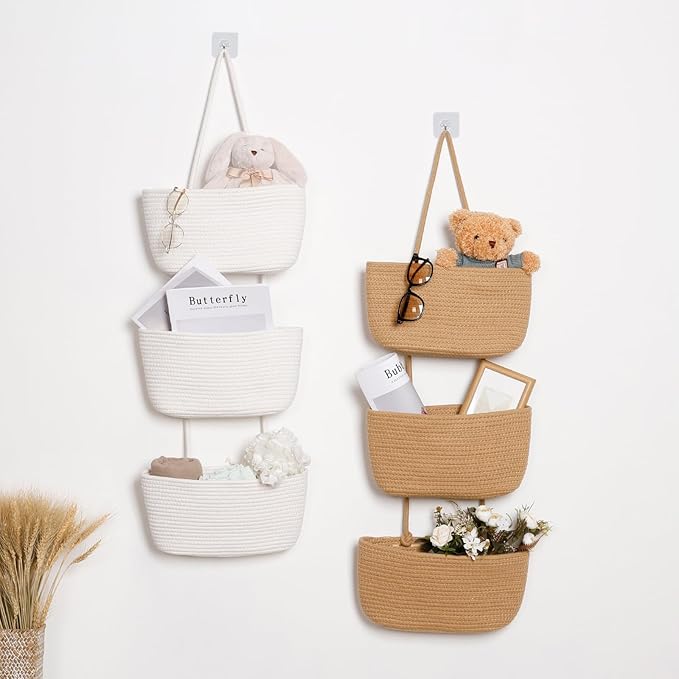ANTIS'S HOME Over The Door Organizer Hanging Basket, 3-Tier Woven Cotton Wall-Mounted Nursery Storage Organizer Bag Boho Decorative Hanging Nursery Baskets for Living Room Bedroom - Honey